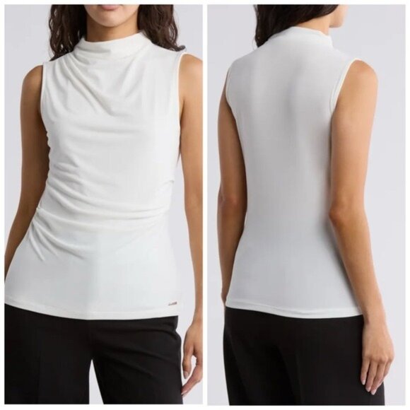 Calvin Klein White Drape Mock Neck Top L Minimalist Chic Clean Girl Workcore - Picture 1 of 10